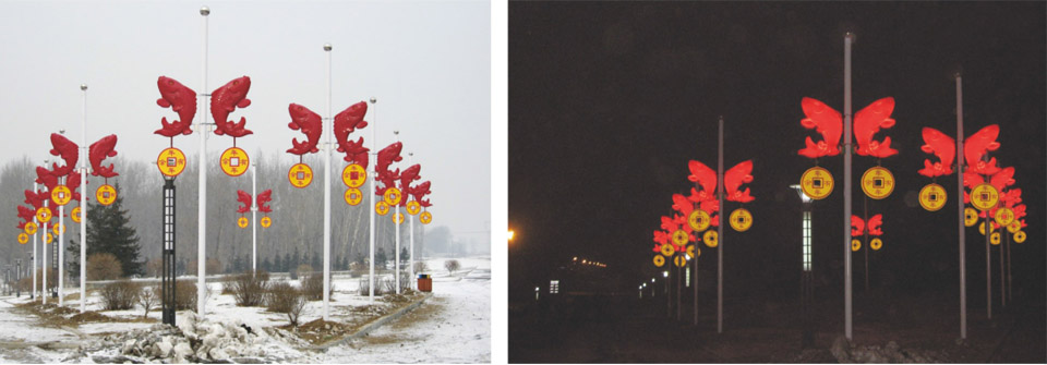 年年有余灯饰LED发光鲤鱼灯安装白天/夜景亮灯实拍效果图